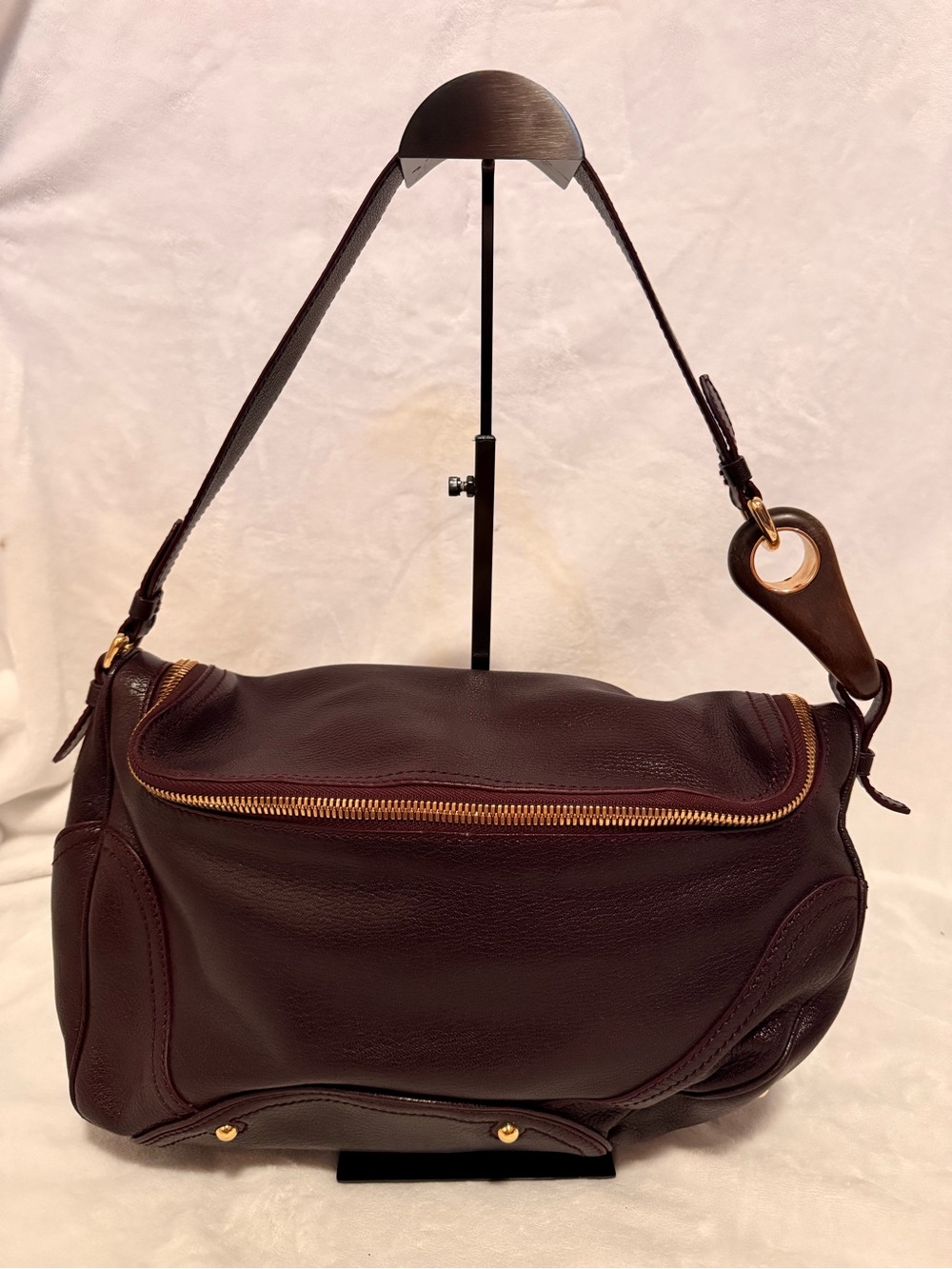 Limited Edition Celine Wood/Gold Embellished Burgundy Shoulder Bag